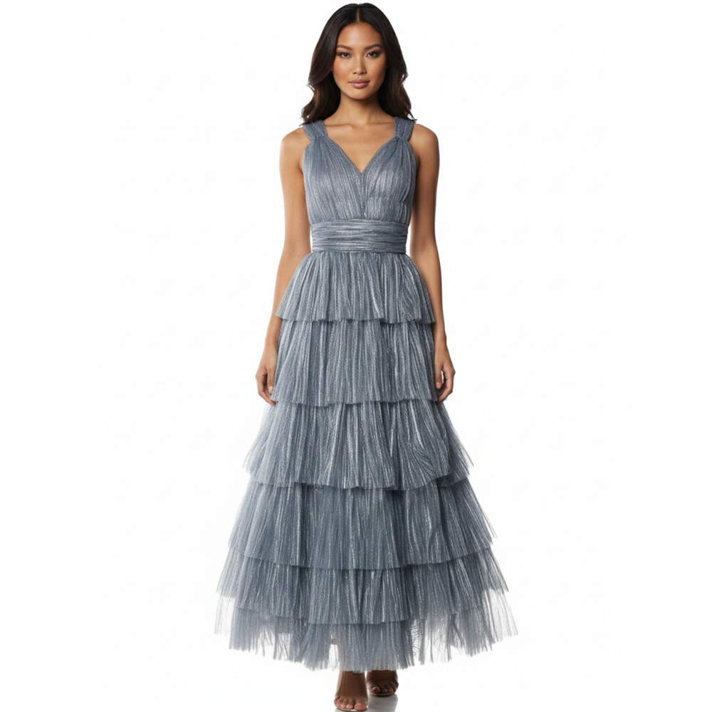 Tarik Ediz Evening Gown Formal Dress Women US 6 Blue Mesh Tiered Elegant